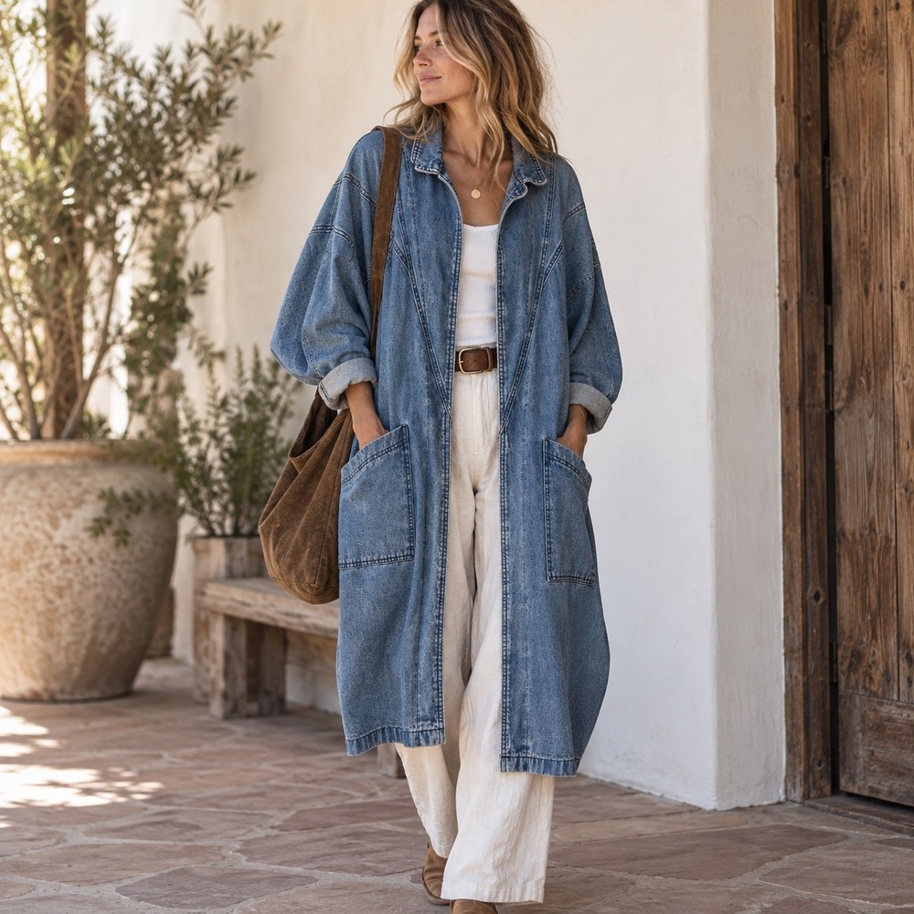 Sundance Denim Coat Women Small Blue Vintage Oversized Western Duster USA Made